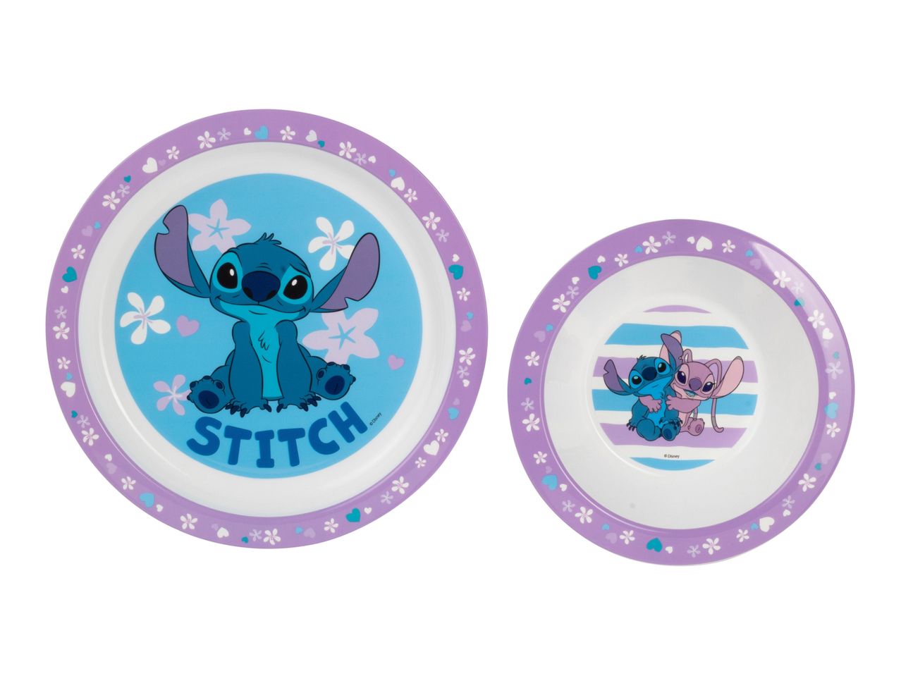 Disney Stitch plates and bowls with floral design.