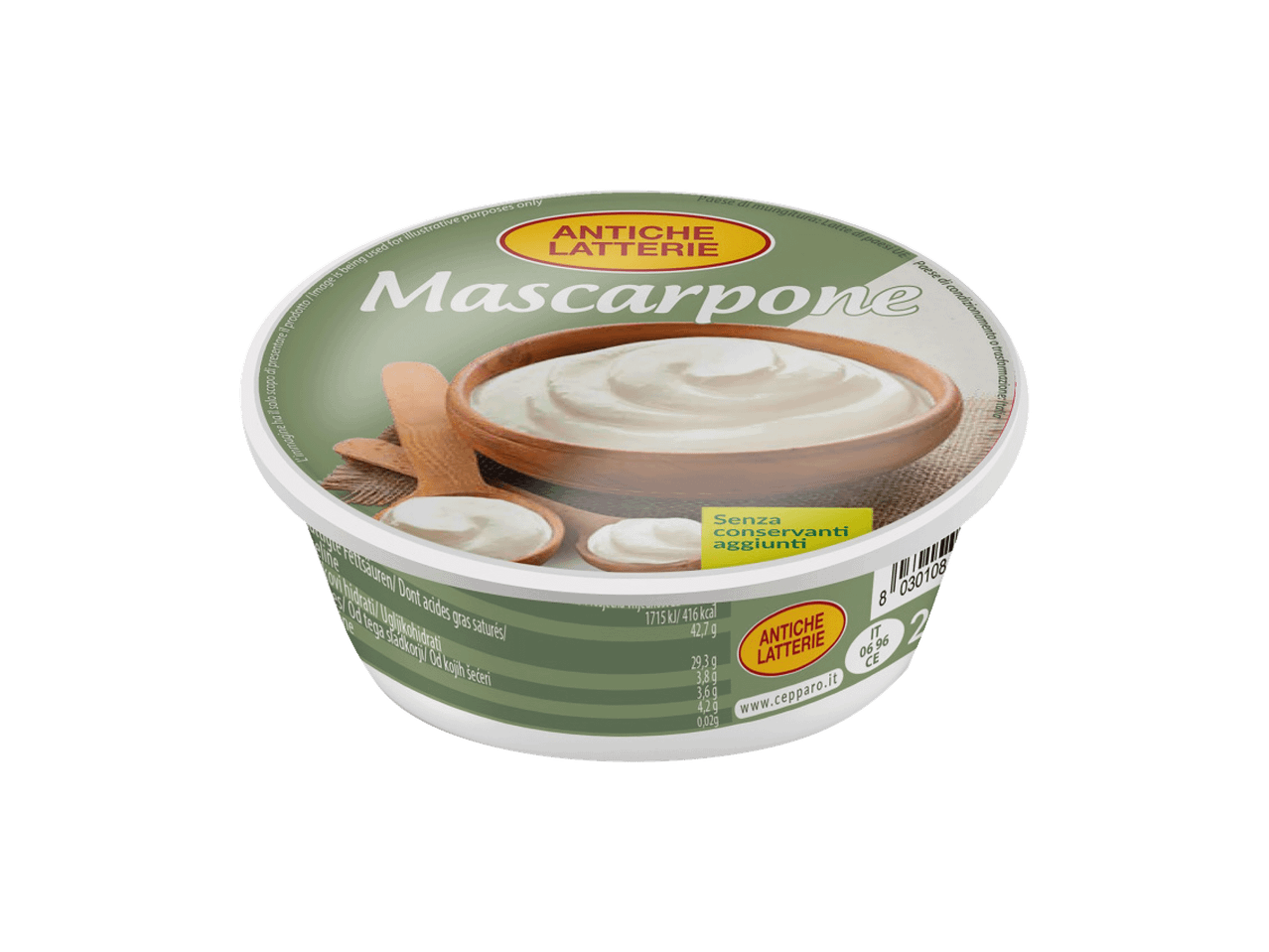 Mascarpone sir u beloj posudi sa zelenim poklopcem, bez dodatih konzervansa.