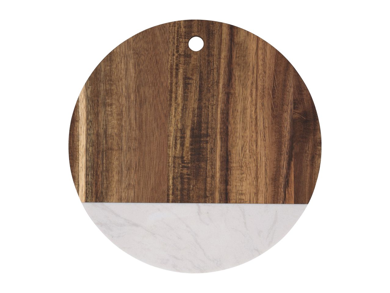 Round wooden and marble cutting board with a hole for hanging