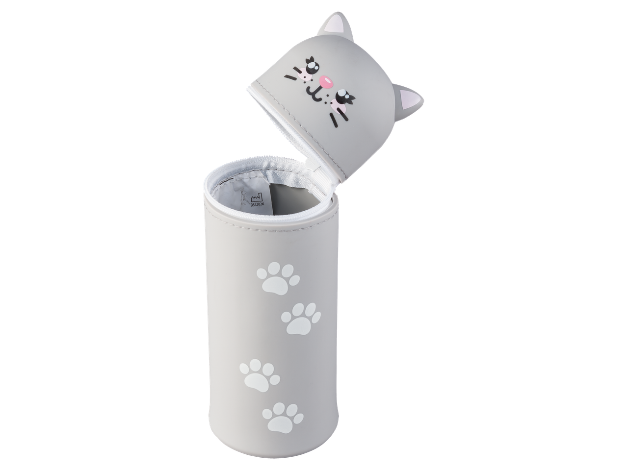 Grijze kattenetui met pootafdrukken, open, met kattengezicht op de deksel.