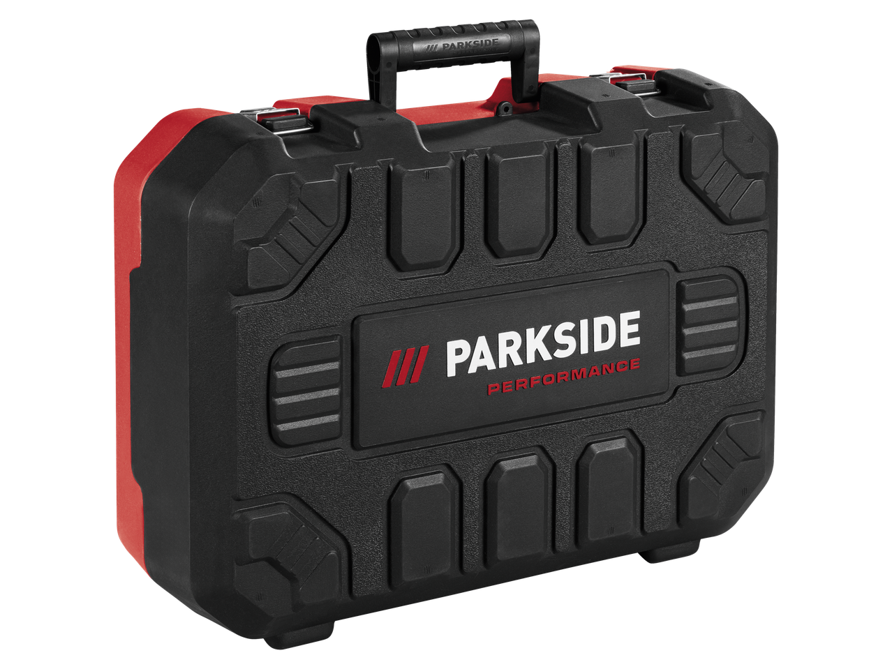 Juodas ir raudonas Parkside Performance įrankių dėklas 20V kampiniam šlifuokliui.