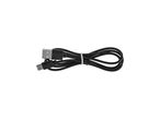 Черен USB-A към USB-C кабел, навит и завързан с бяла връзка