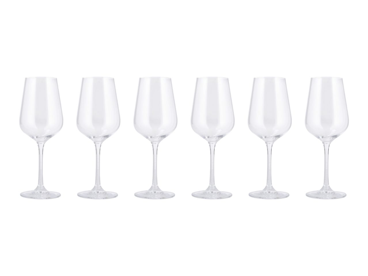 Six clear stemmed wine glasses arranged in a row on a white background.