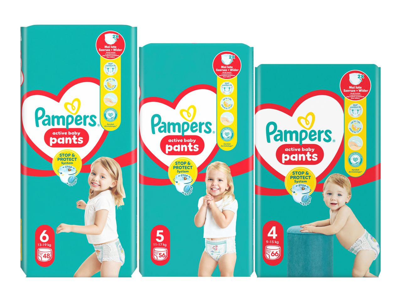 Trīs Pampers Active Baby Pants autiņbiksīšu iepakojumi dažādos izmēros.