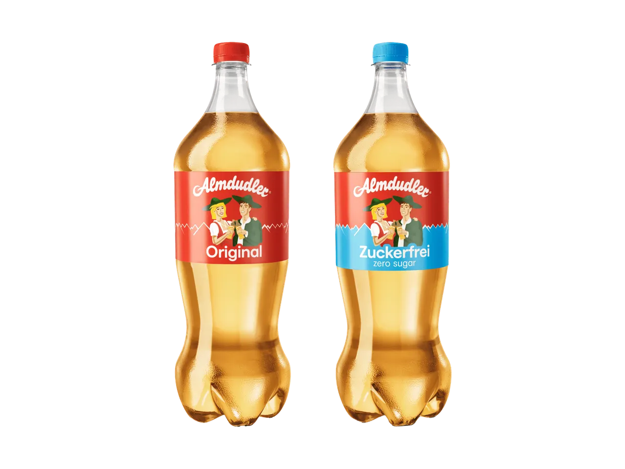 Zwei Flaschen Kräuterlimonade, eine Original und eine zuckerfrei.