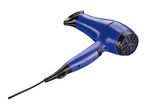 A purple hair dryer with a long cord.
