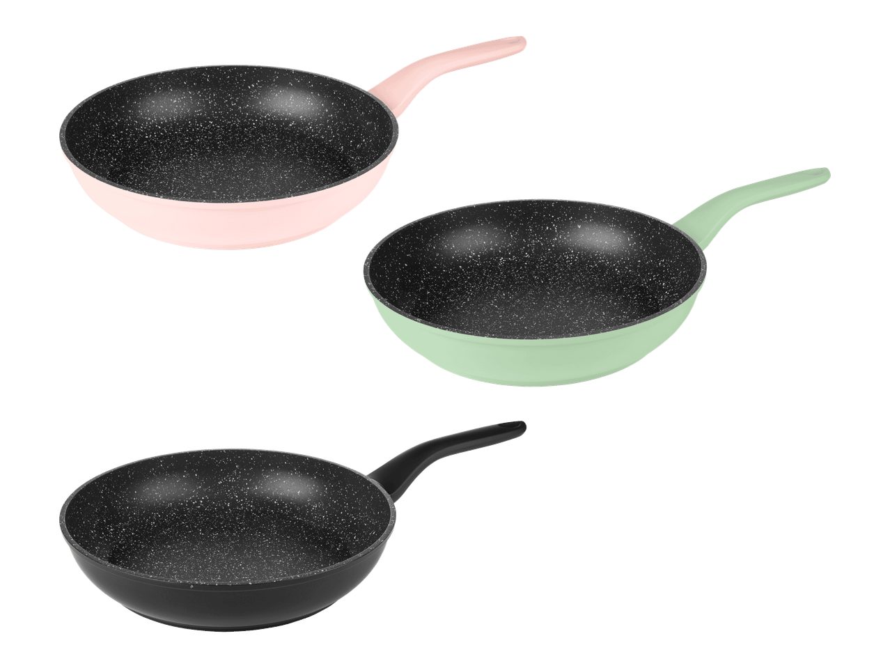 Kolme paistinpannua: vaaleanpunainen, mintunvihreä ja musta, mustalla taustalla.