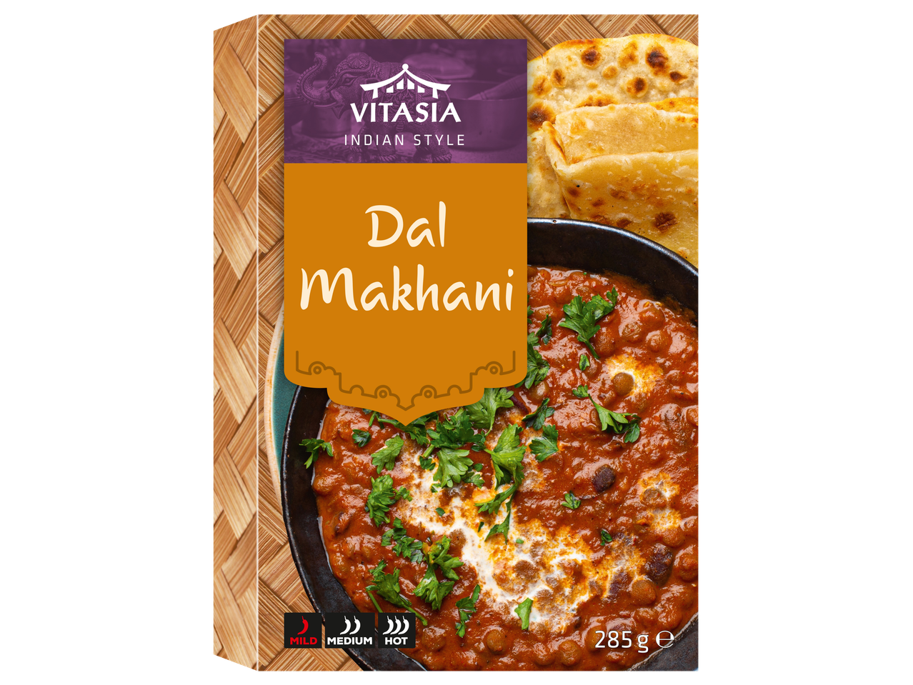 Verpakking van Vitasia Dal Makhani met een kom linzencurry en naanbrood.