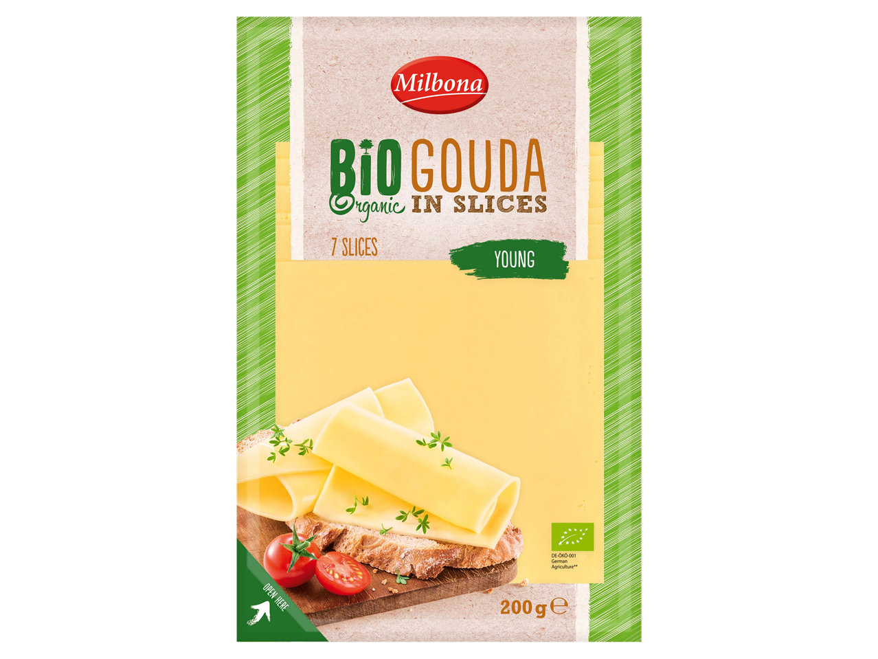 Szeletelt bio gouda sajt 200 g-os kiszerelésben.