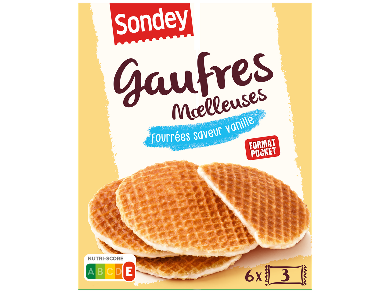 Gaufres moelleuses fourrées saveur vanille, format pocket, Nutri-Score E, 6x3.