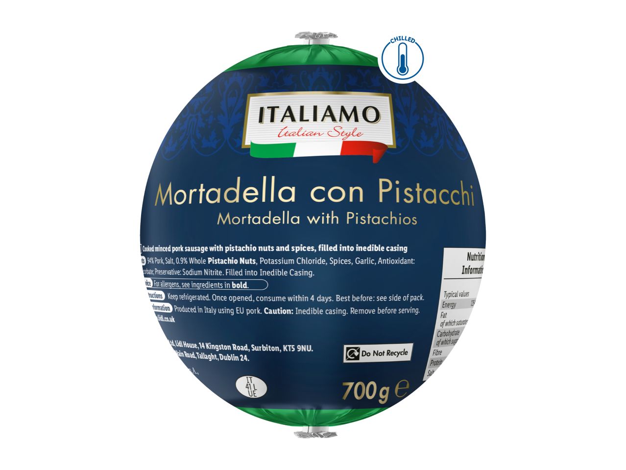 Mortadella with pistachios, Italian style, 700g, chilled.