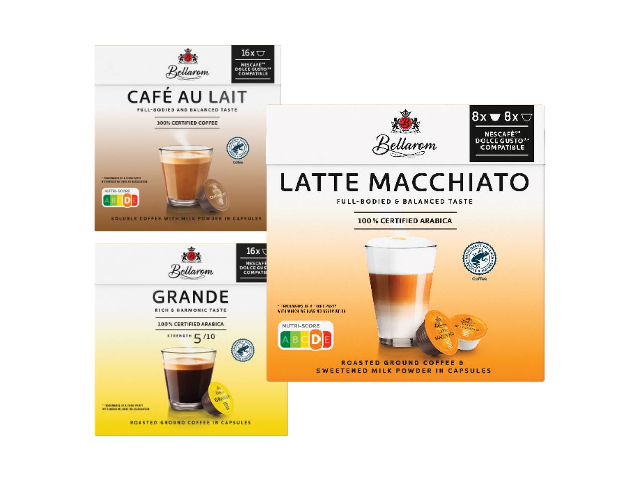 Trys kavos pakuotės, skirtos „Nescafé Dolce Gusto“ aparatams: „Café au Lait“, „Latte Macchiato“ ir „Grande“.