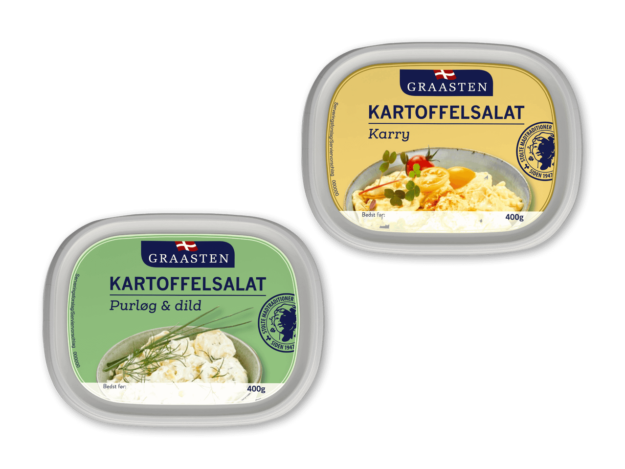 To bakker kartoffelsalat: en med karry og en med purløg og dild, begge 400g.