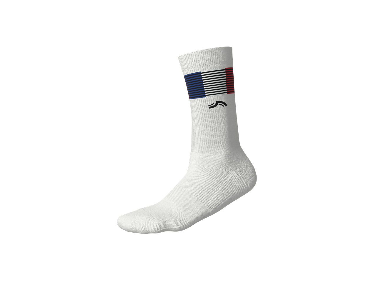 Chaussette blanche avec un motif de drapeau tricolore et un logo noir.