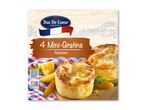 Emballage til 4 mini-gratiner med kartofler, frosne, 480g, med tilberedningsinstruktioner.