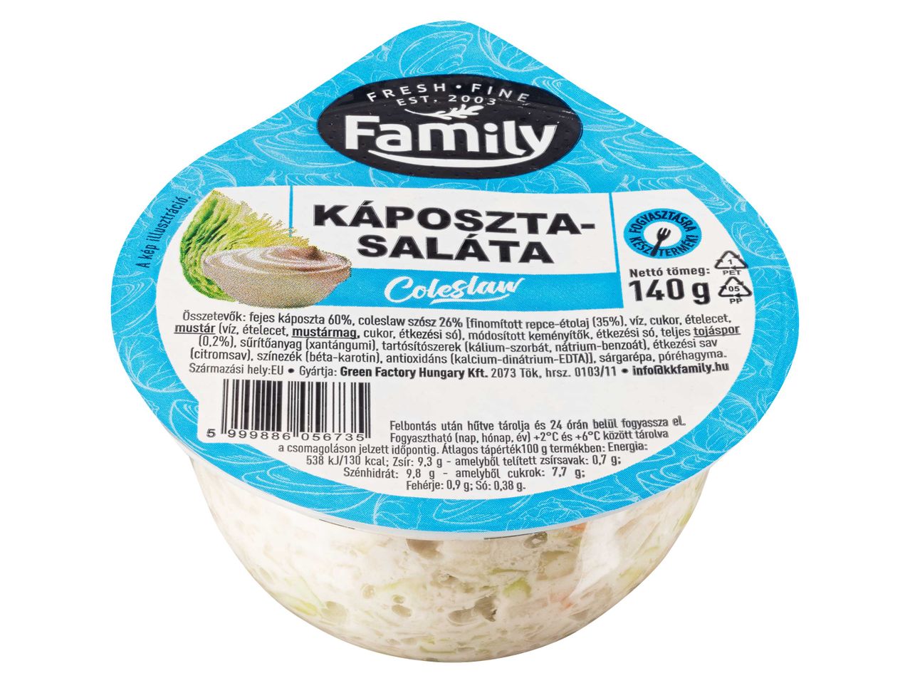 Family márkájú káposztasaláta (coleslaw) csomagolása.