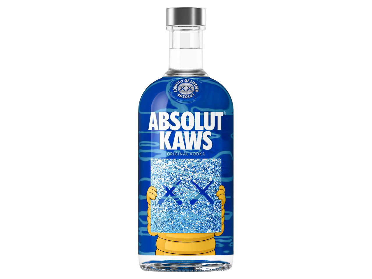 Kék mintás üveges vodka sárga figurás illusztrációval.
