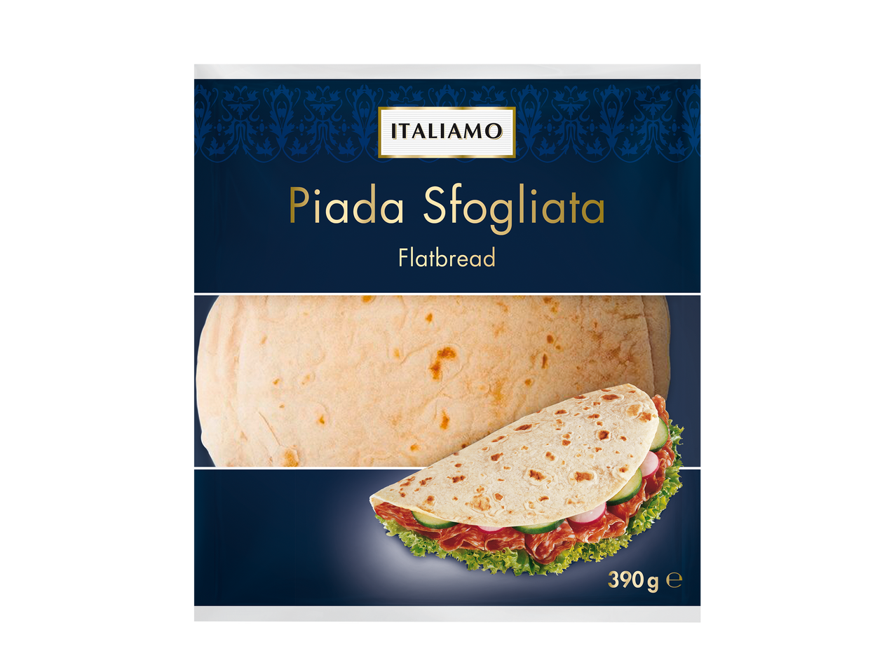Emballage de piada sfogliata (pain plat) avec une garniture de charcuterie et légumes.