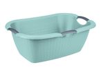 Light blue laundry basket with grey handles and a textured surface.