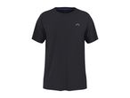 Black short-sleeved sports t-shirt with a small grey logo on the chest.