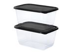 Two clear rectangular food storage containers with black lids, stacked on top of each other.