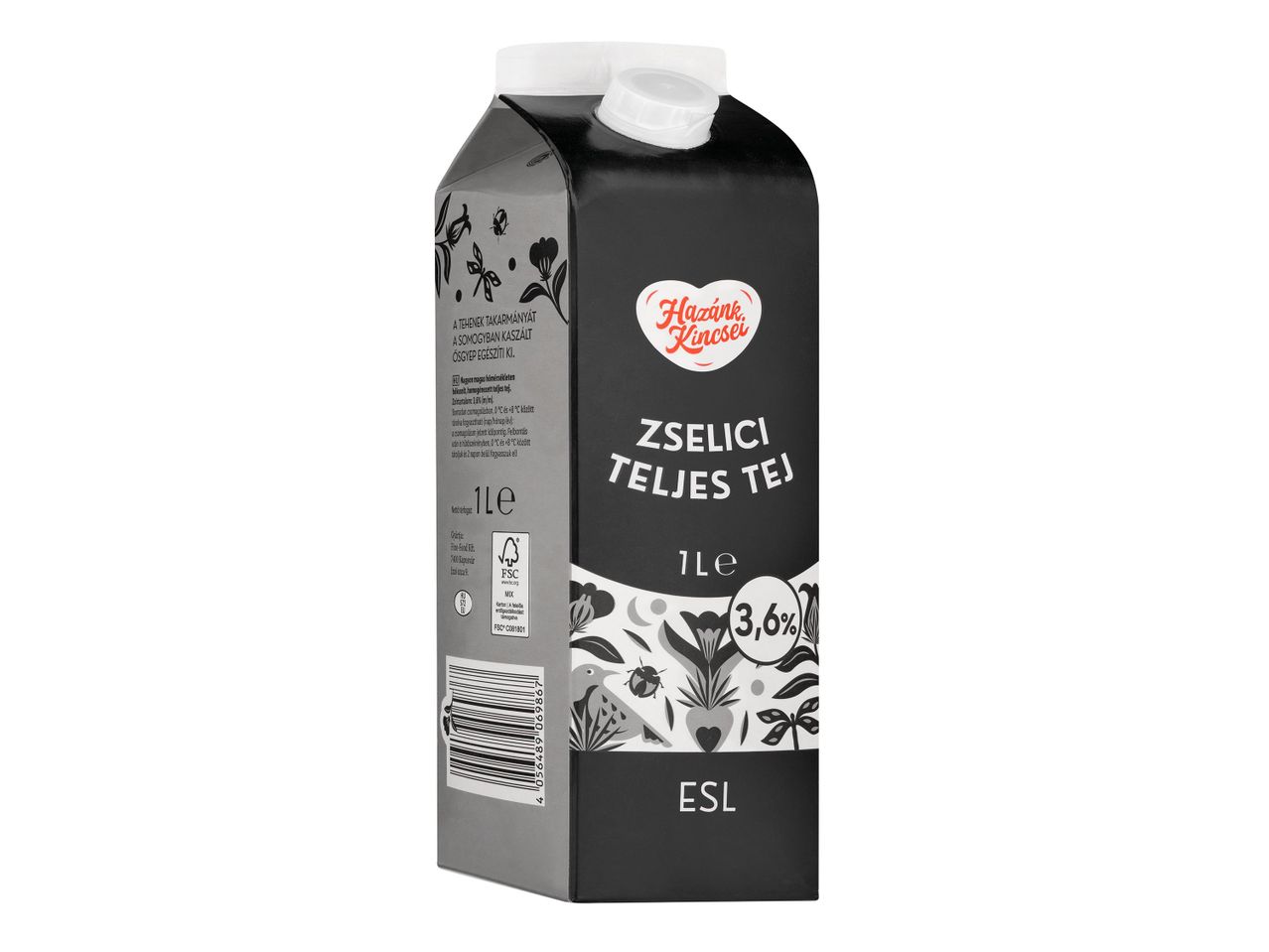 Fekete dobozos teljes tej, 1 literes kiszerelésben, 3,6% zsírtartalommal, „Hazánk Kincsei” felirattal.