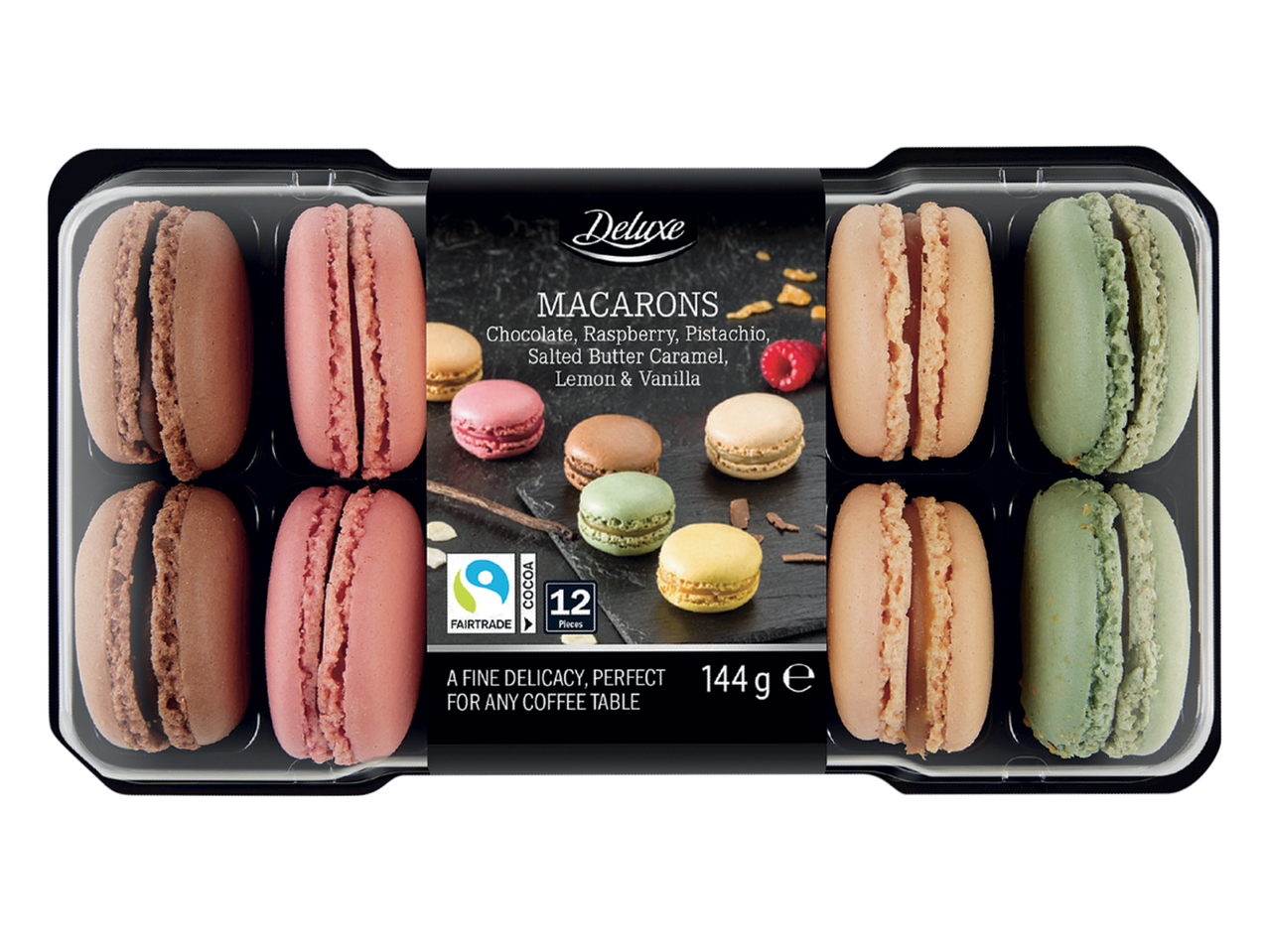 Кутия с 12 макарона с различни вкусове: шоколад, малина, шамфъстък, солен карамел, лимон и ванилия.