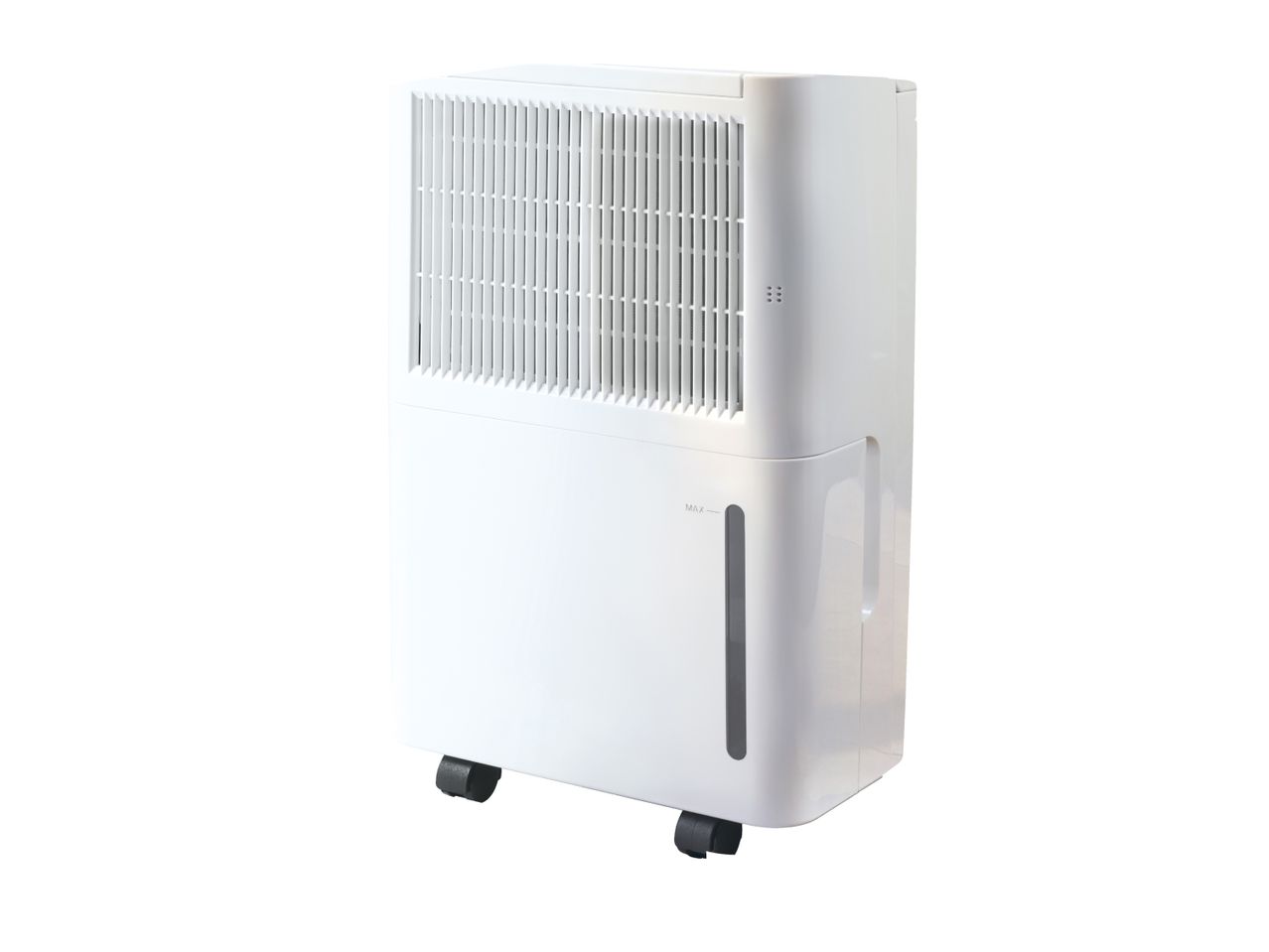White portable dehumidifier with wheels and a water level indicator