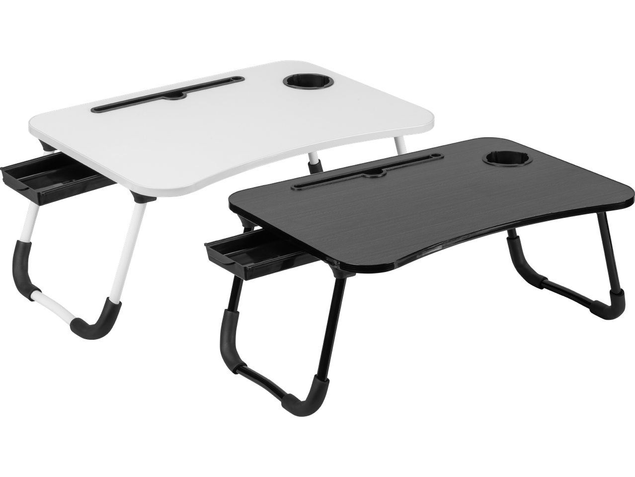 Två bärbara laptopbord, ett vitt och ett svart, med mugghållare och förvaringslåda.