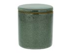 Green ceramic storage jar with a lid and speckled finish