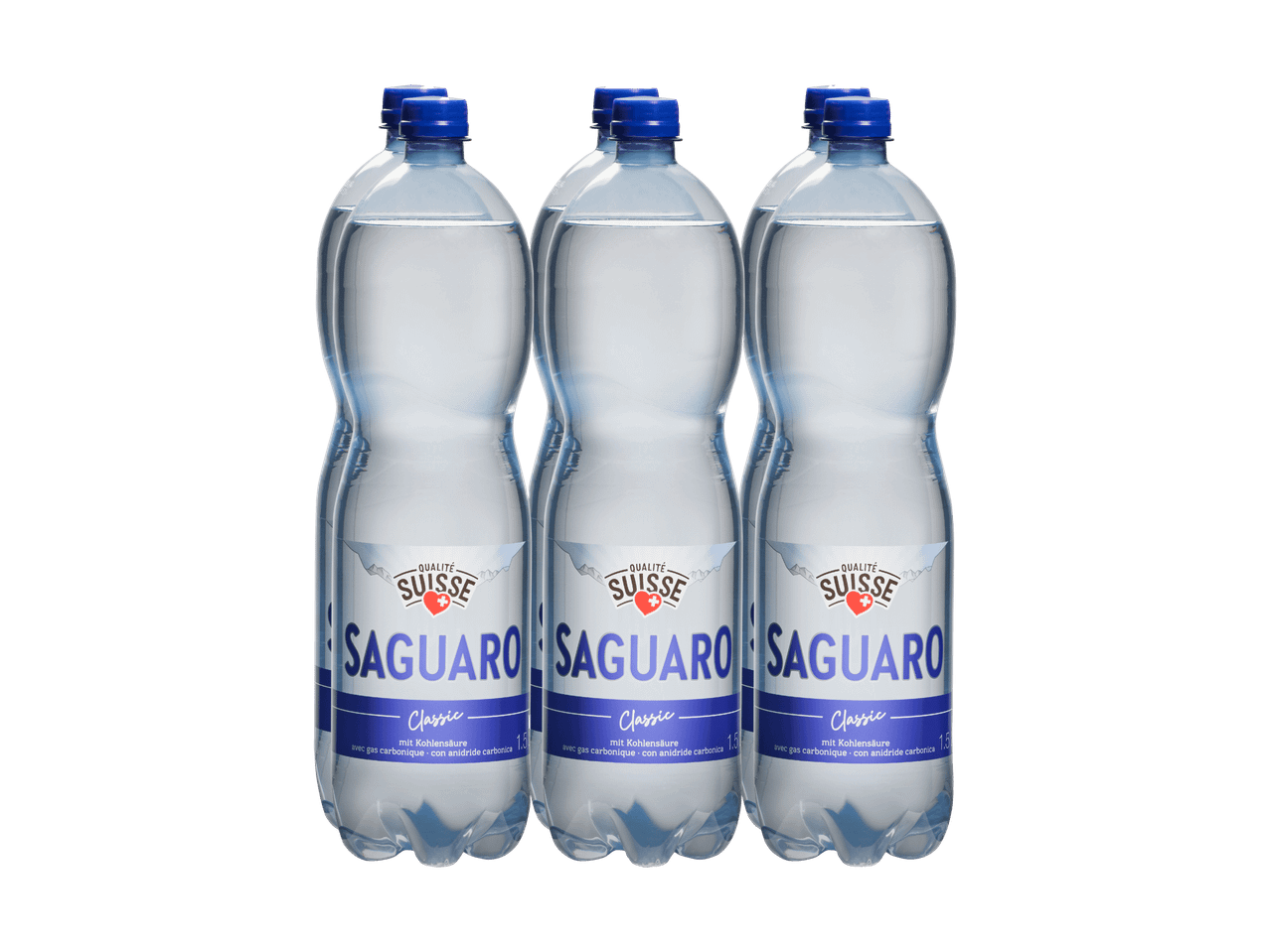 Six bouteilles d'eau gazeuse de 1,5 litre, étiquetées 'Classic' avec 'Qualité Suisse'.