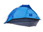 Blue beach tent with a dark grey ground tarp, set up against a black background.