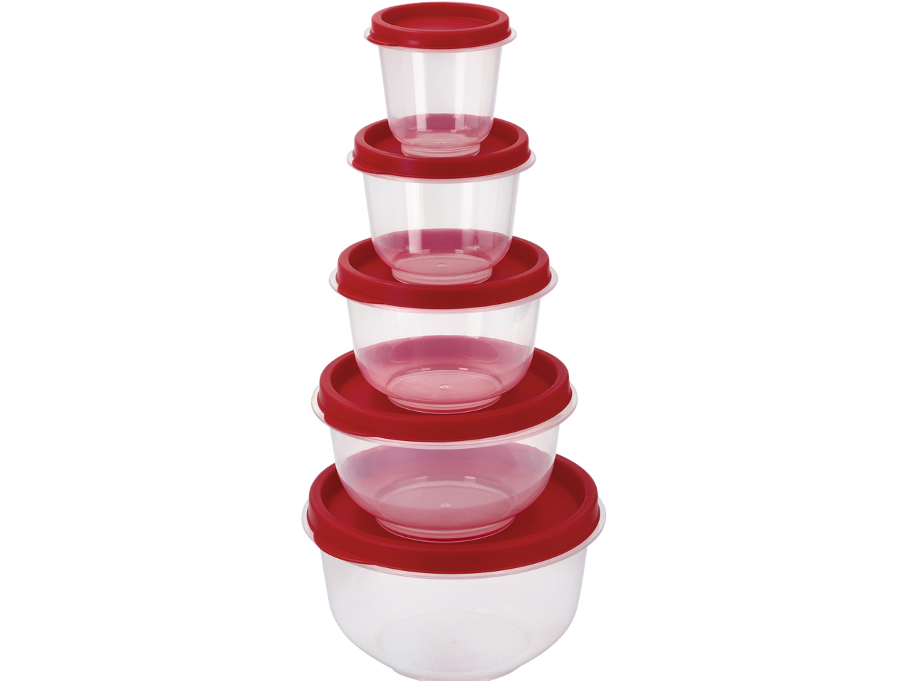 Sakrauti caurspīdīgi pārtikas uzglabāšanas trauki ar sarkaniem vākiem