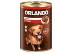 Boîte de nourriture pour chien Orlando avec des morceaux de bœuf en sauce, et un Labrador joyeux.