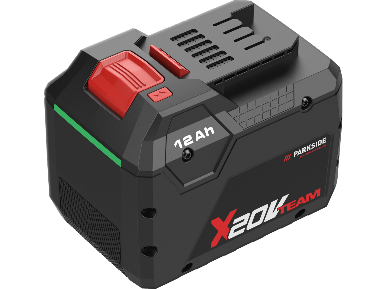Black and red 12 Ah power tool battery with green stripe and textured grip.