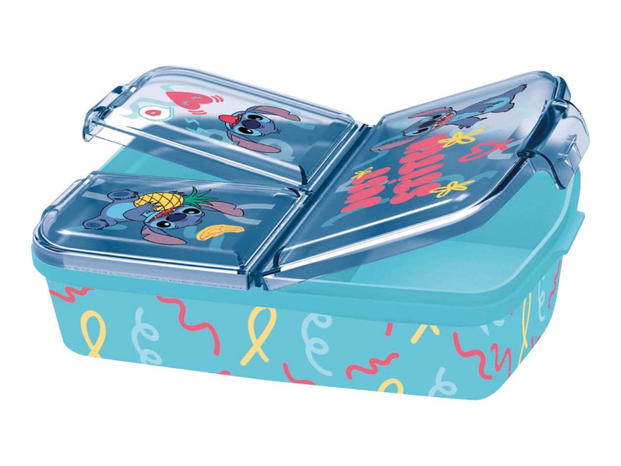 Blue lunchbox with three compartments and Stitch character designs on the lids.
