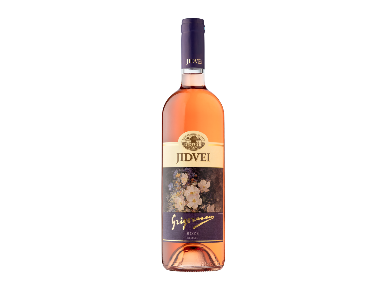 O sticlă de vin Jidvei Grigorescu Rosé cu o etichetă florală.