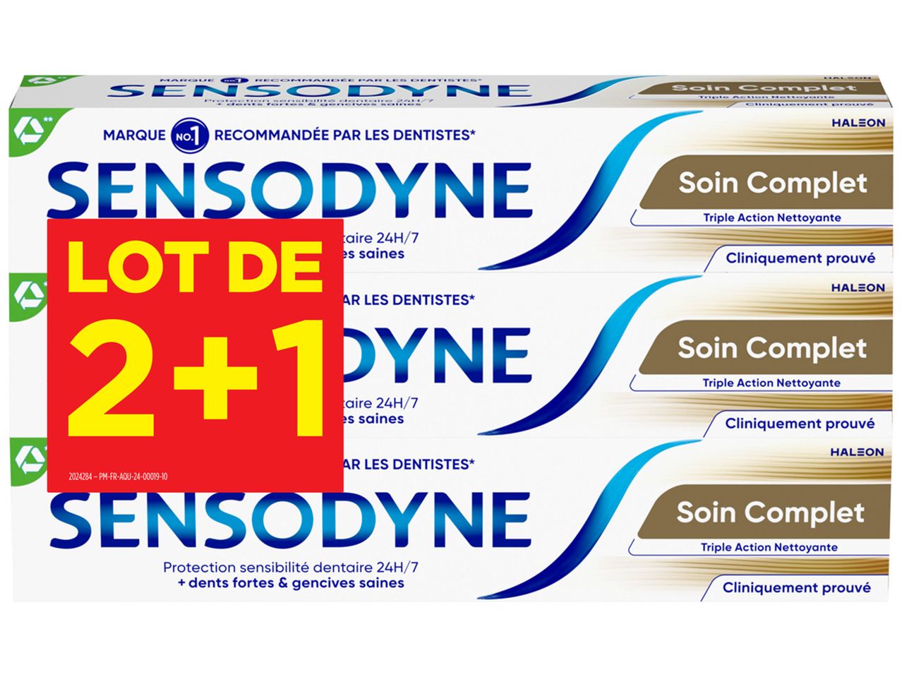 Lot de 2+1 dentifrices Sensodyne Soin Complet pour une protection sensibilité dentaire 24h/7.