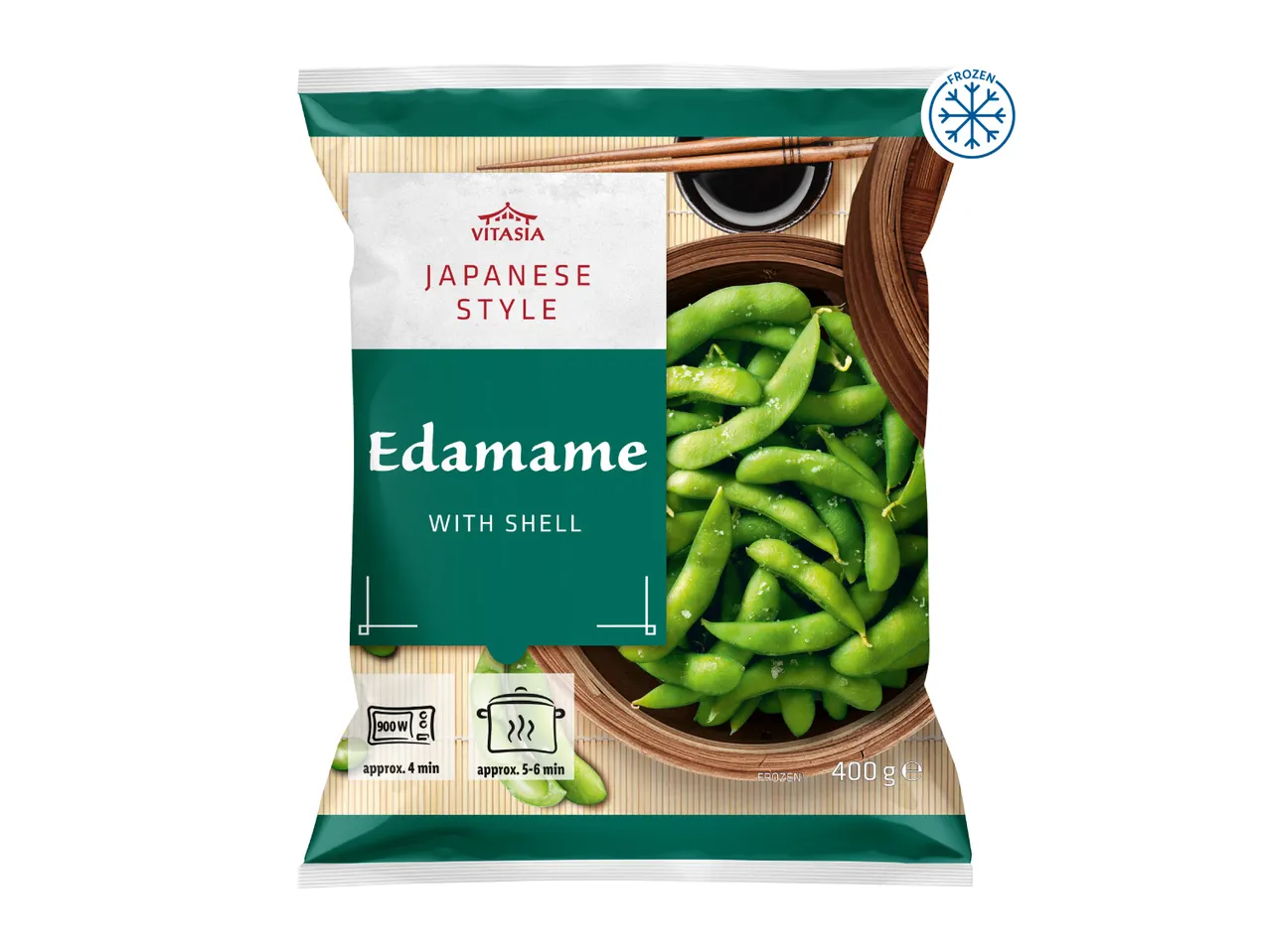 Frozen Japanese style edamame with shell, 400g, with cooking instructions.
