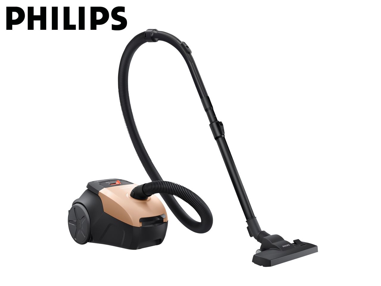 A black and beige canister vacuum cleaner with a hose and floor nozzle.