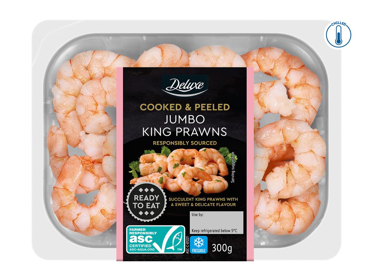 Chilled cooked and peeled jumbo king prawns in a clear tray with a black and pink label.