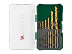 Open drill bit set with gold-colored bits in a green and clear case.