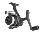 Black fishing reel with white line on a white background