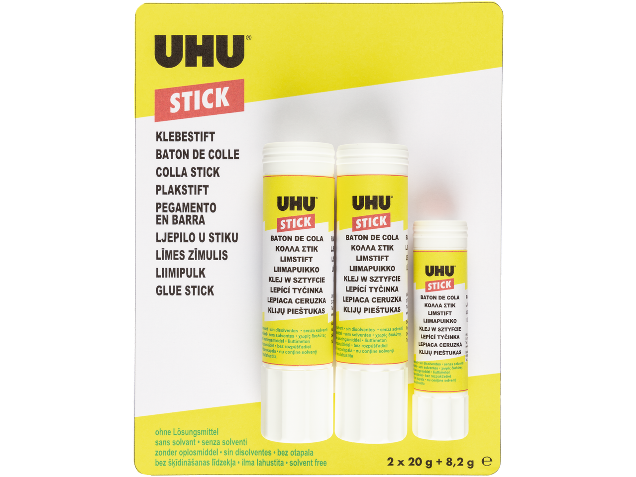 UHU lijmstiften, oplosmiddelvrij, in een 2x20g + 8.2g verpakking.
