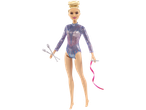 Barbie rhythmic gymnast doll in a sparkly leotard holding clubs and a ribbon.