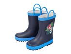 Pair of navy blue children's wellington boots with blue trim and cartoon dinosaur and dog.