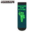 A single dark teal sock with a pixelated green character and the text 'ADVENTURE IS AN ATTITUDE'.