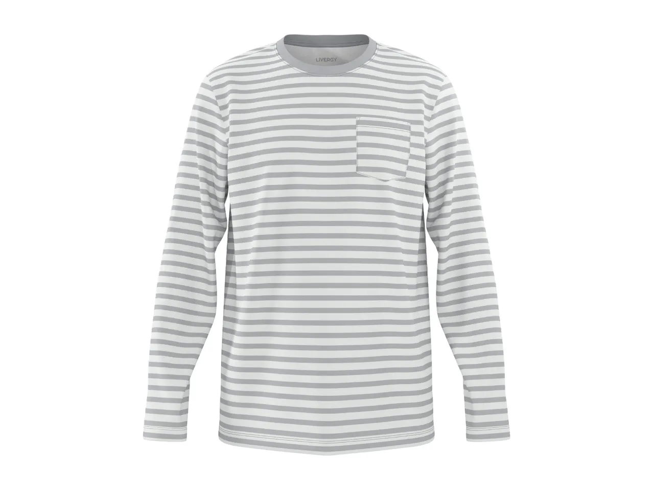 Men's long-sleeve striped t-shirt with a chest pocket in light grey and white.