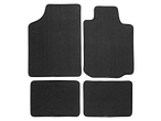 Set of four black car floor mats with ribbed texture and black trim.