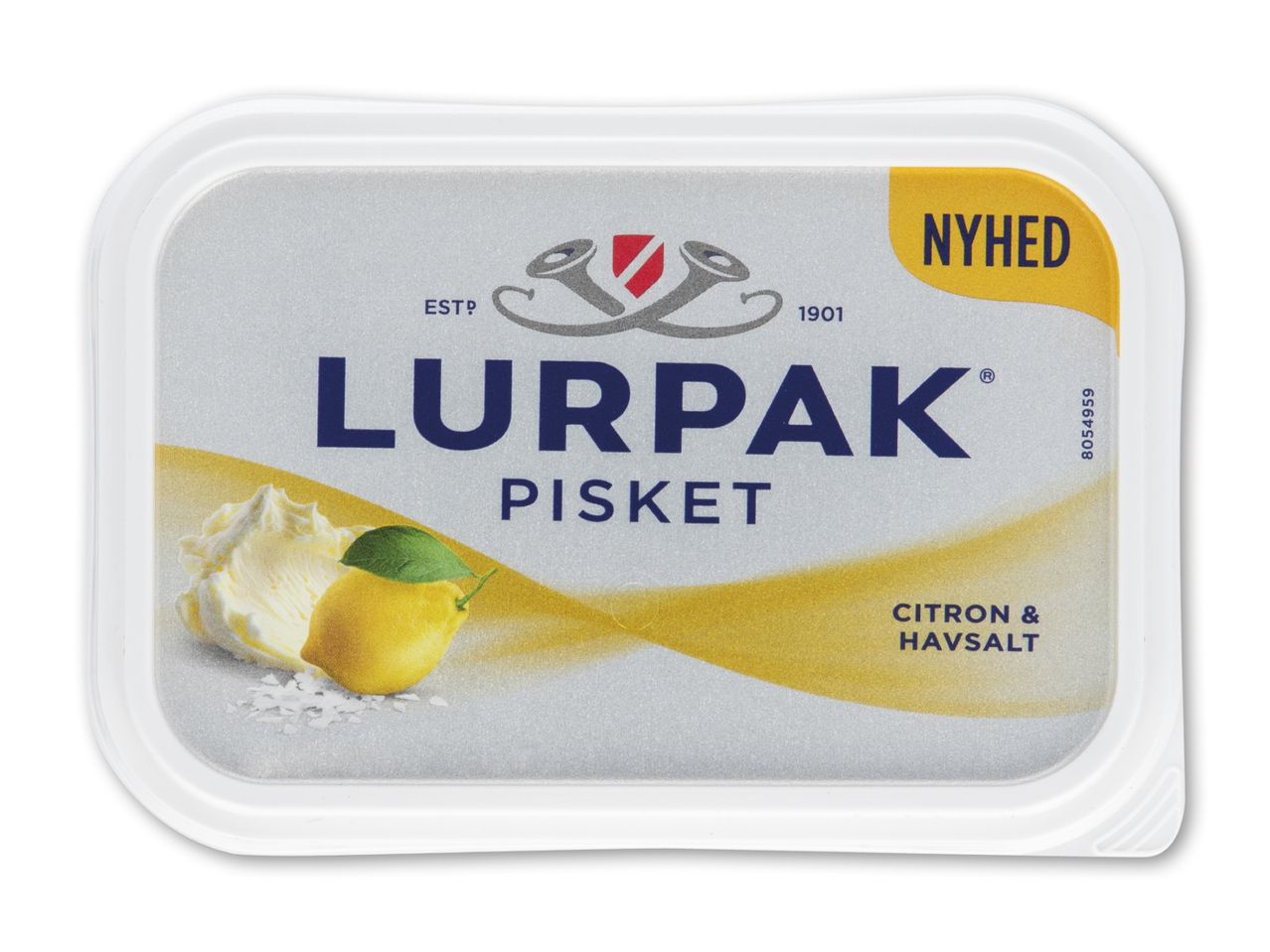 Pisket smør med citron og havsalt i en hvid beholder med gul og grå etiket.